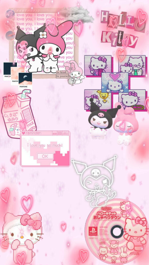 Playful Pink Sanrio Wallpaper with Hello Kitty & Hearts Background