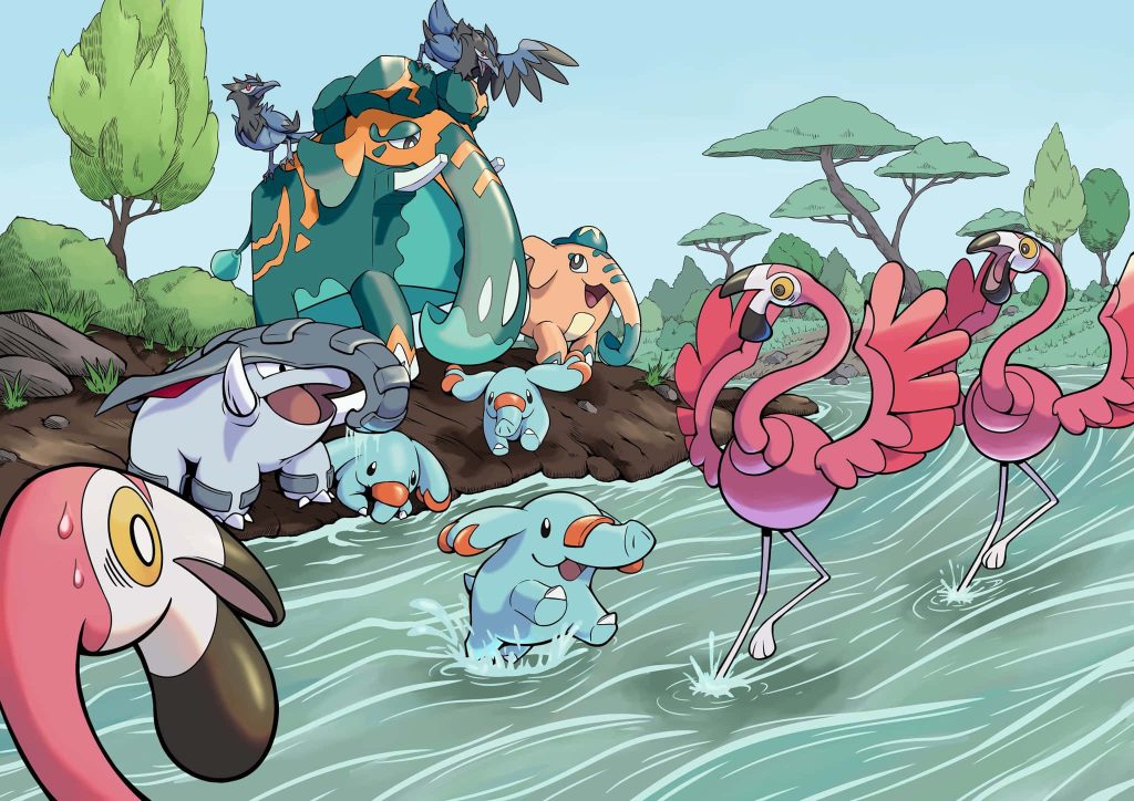 Colorful Pokémon wallpaper with Flamigo dancing, Copperajah, Donphan, Phanpy, and Rookidee by river