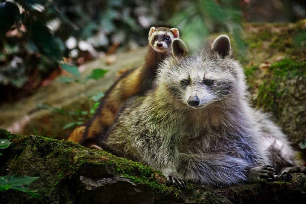 Charming Friendship: Playful Raccoon & Curious Ferret in Forest Wallpaper