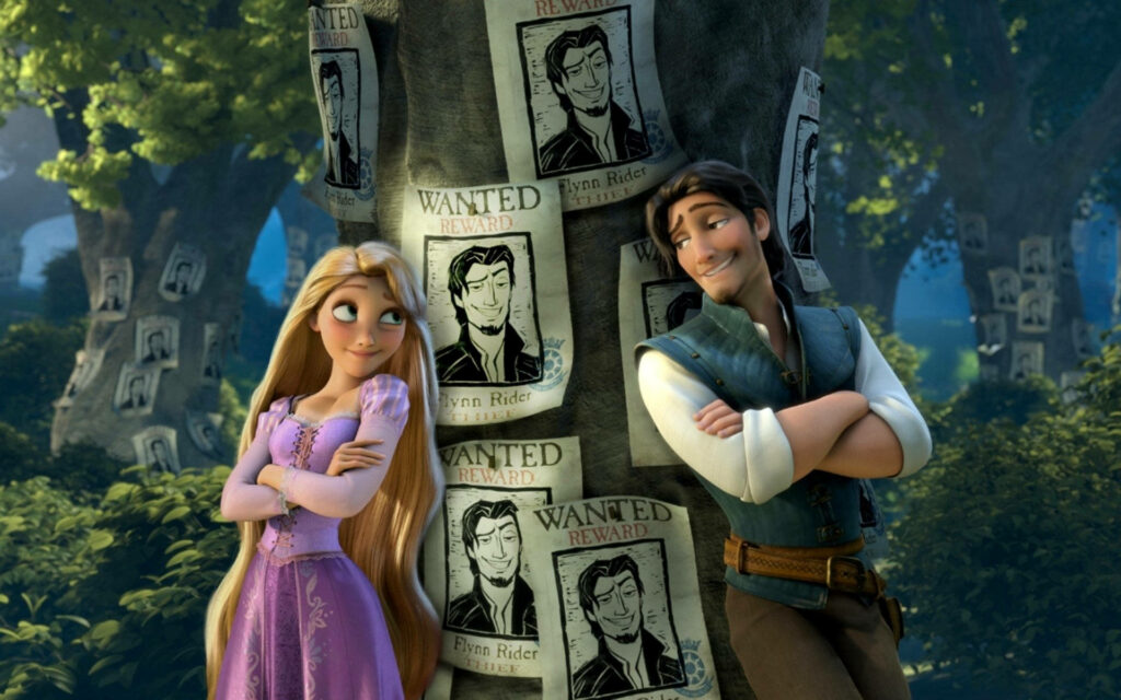 Playful Rapunzel & Flynn Rider Wallpaper with Wanted Posters