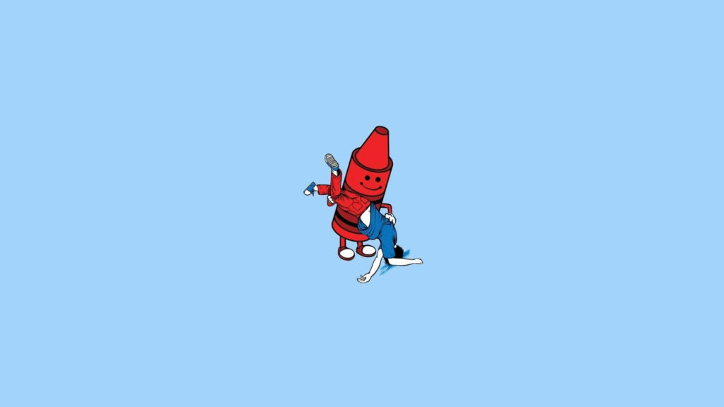 Playful Red Crayon Cartoon with Blue Plush Toy - Charming Wallpaper