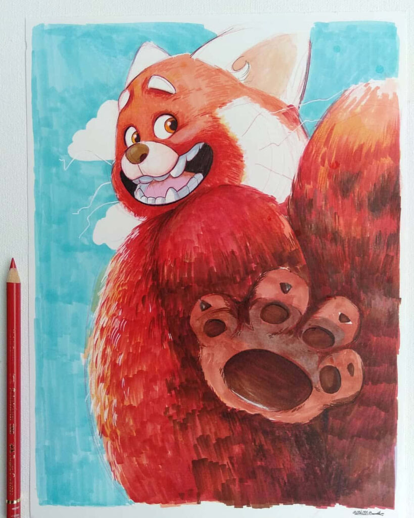 Colorful Red Panda Wallpaper from *Turning Red* Against Blue Sky
