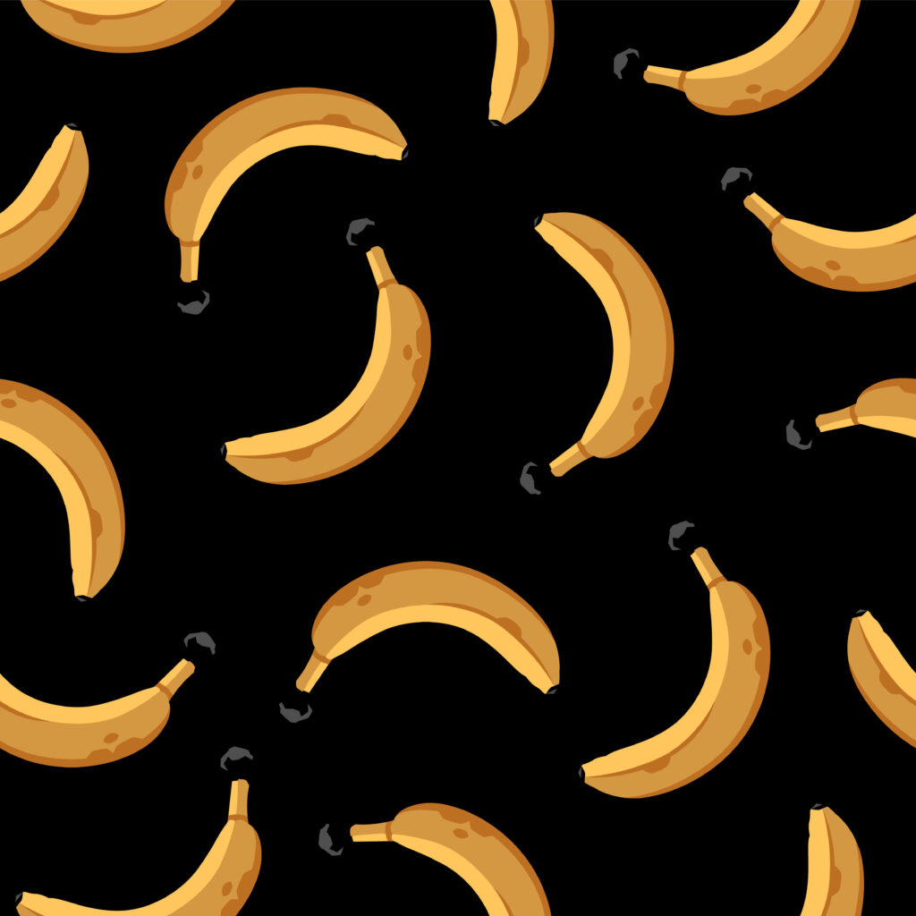 Playful ripe banana fingers pattern on bold black background wallpaper for fun lively decor
