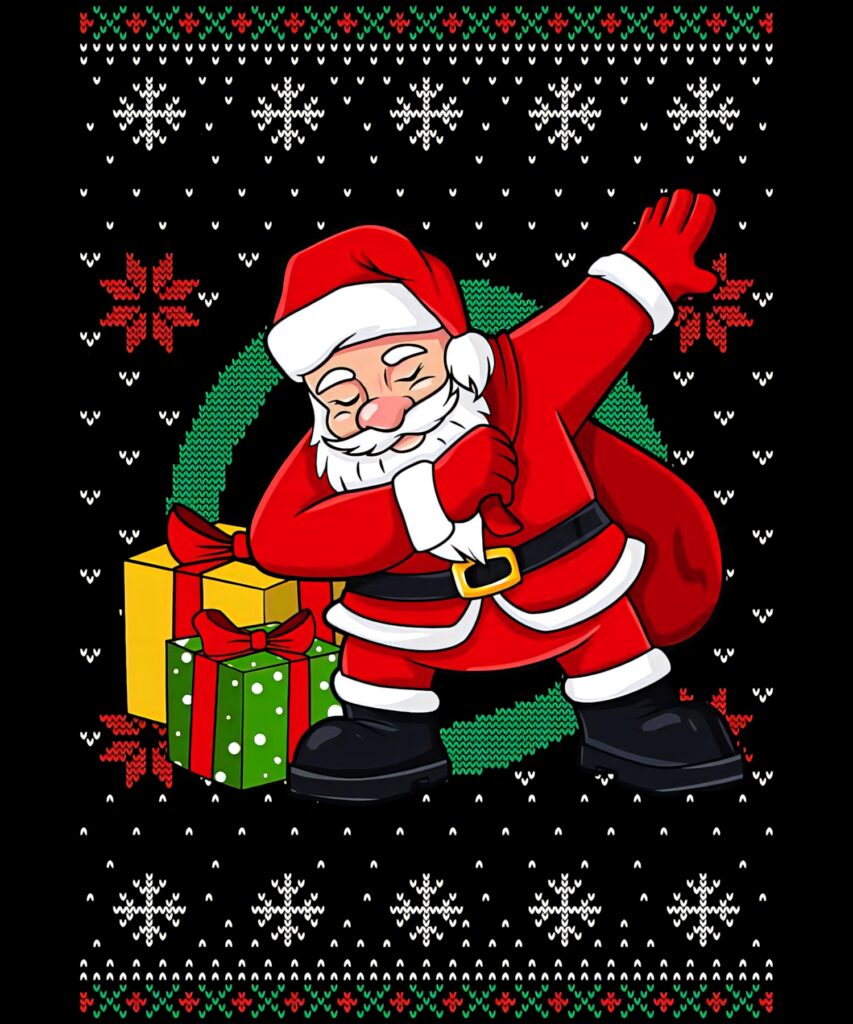 Playful Santa Dabbing Festive Wallpaper with Cozy Christmas Sweater Pattern