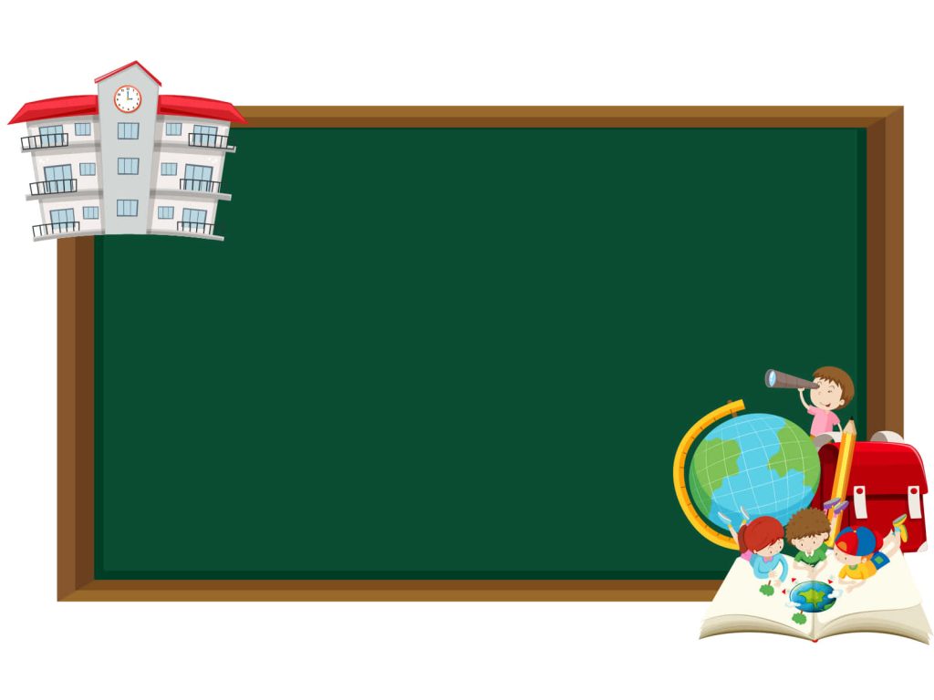 Playful school wallpaper with green chalkboard kids exploring globe book backpack educational background