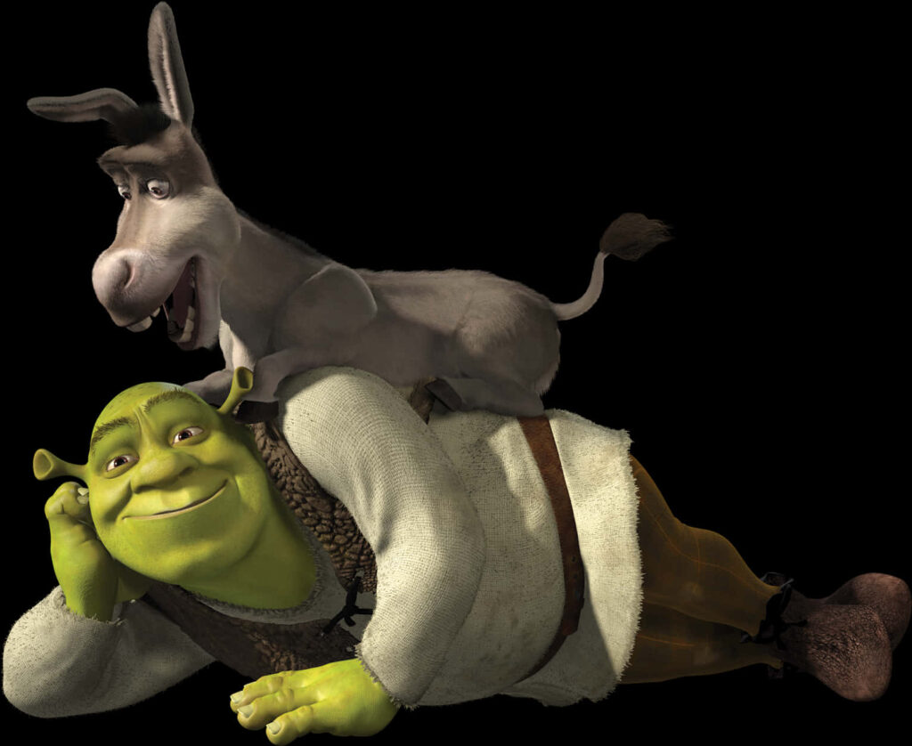 Playful Shrek & Donkey: Vibrant Friendship Wallpaper Background