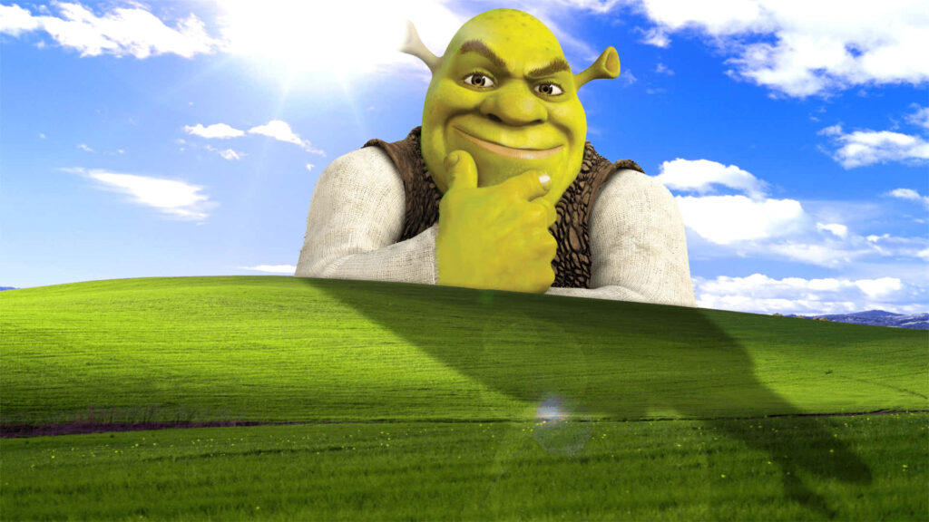 Whimsical Shrek & Windows XP Bliss: Playful Laptop Wallpaper