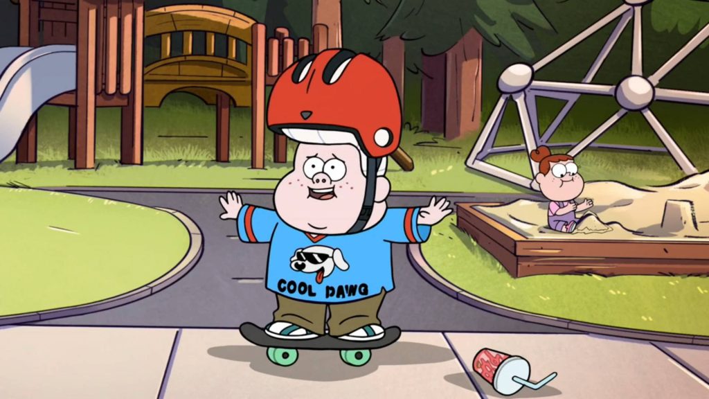 Boy in red helmet skateboarding in vibrant Gravity Falls style sunny neighborhood playground wallpaper