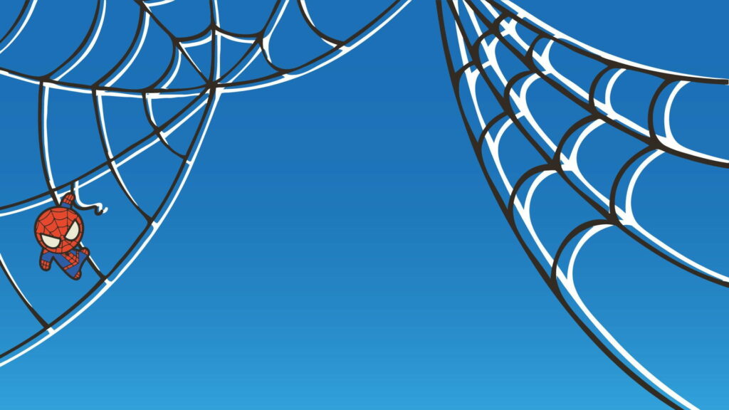 Playful Spiderman swinging on web with vibrant blue background and bold web designs wallpaper