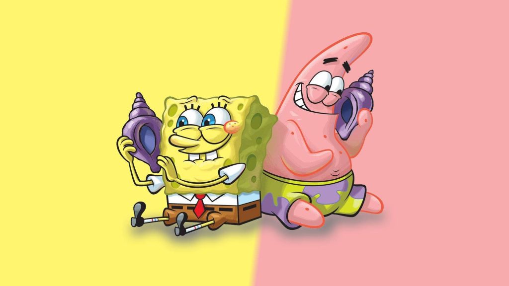 SpongeBob and Patrick happily listening to purple conch shells bright yellow pink background Wallpaper