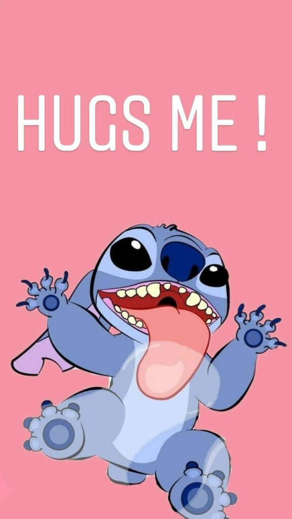 Playful Stitch Wallpaper: 'HUGS ME!' on Pink Background