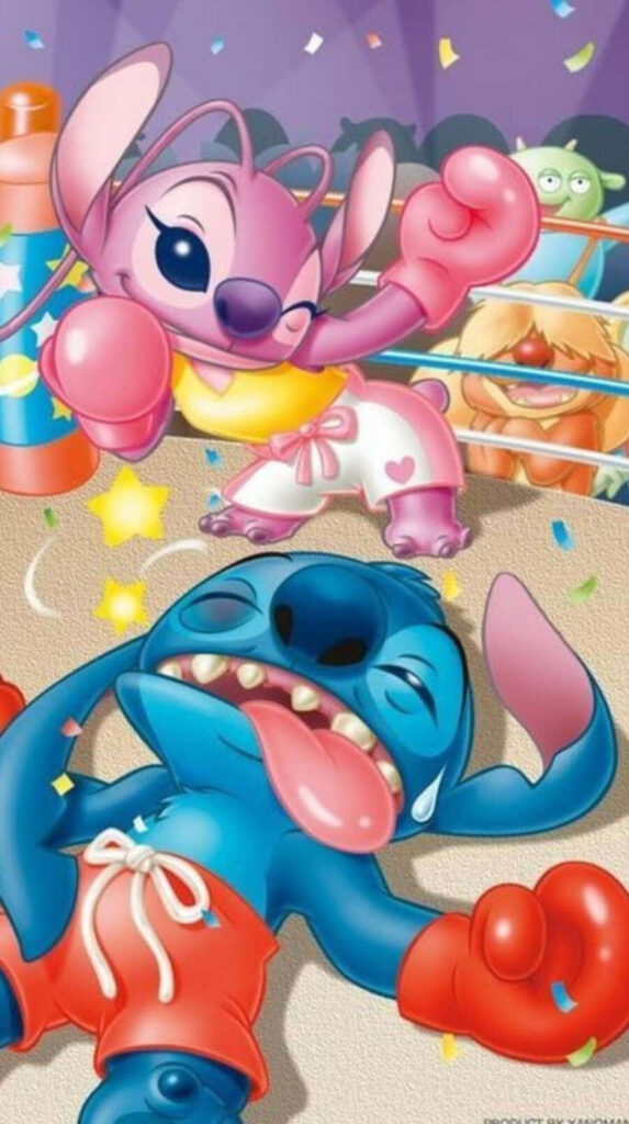 Playful Stitch and Angel Boxing Wallpaper: Colorful Fun Background