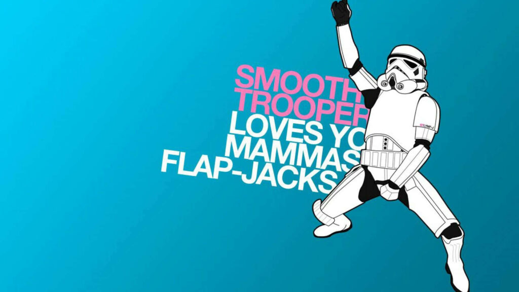 Playful Stormtrooper Wallpaper: Cheeky Pose on Vibrant Blue Background