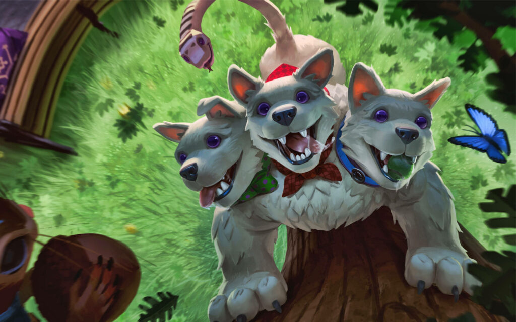 Vibrant Cerberus wallpaper with playful three-headed dog bright blue eyes lush green fantasy background