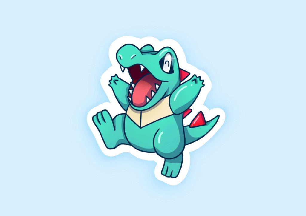 Totodile digital illustration playful Water-type Pokémon sticker style vibrant cyan wallpaper