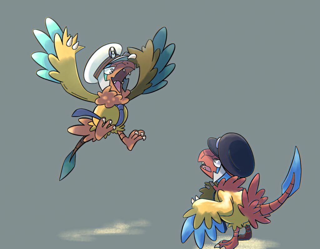 Two Archens wearing unique hats playfully interact on a simple wallpaper background