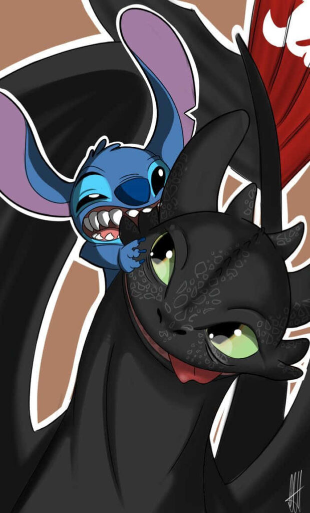 Playful Wallpaper: Blue Creature & Black Dragon in Fun Interaction