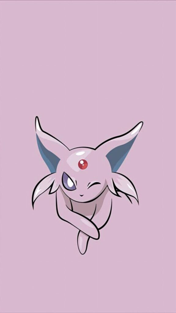 Winking Espeon with red gem and blue ears on pastel lavender minimalist wallpaper background