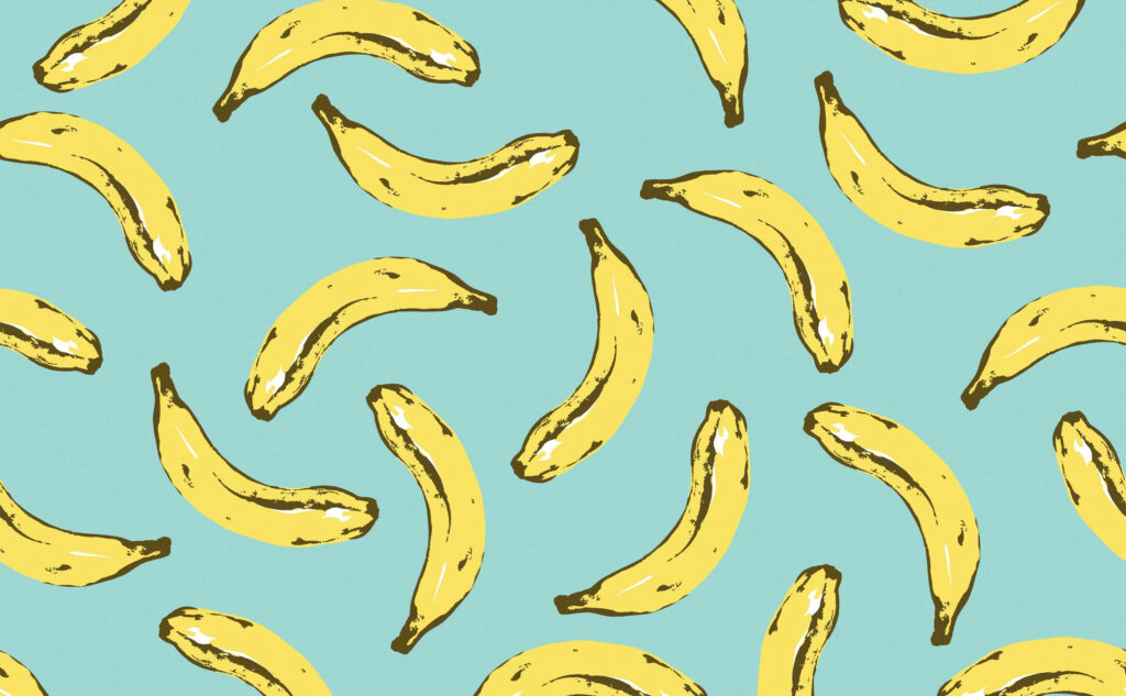 Playful wallpaper with scattered yellow bananas on vibrant teal background for tropical decor