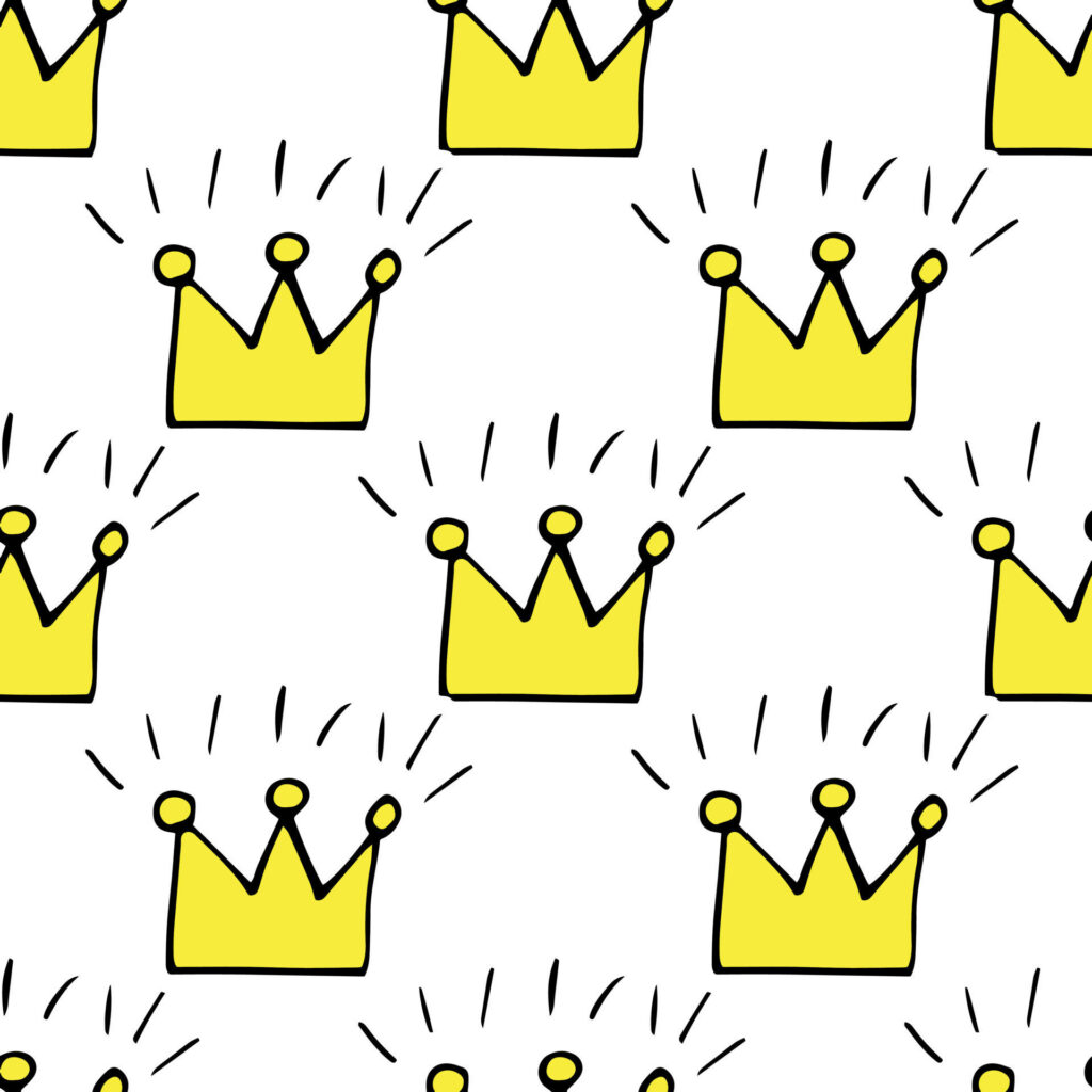 Seamless wallpaper with hand-drawn yellow king and queen crowns on white background pattern