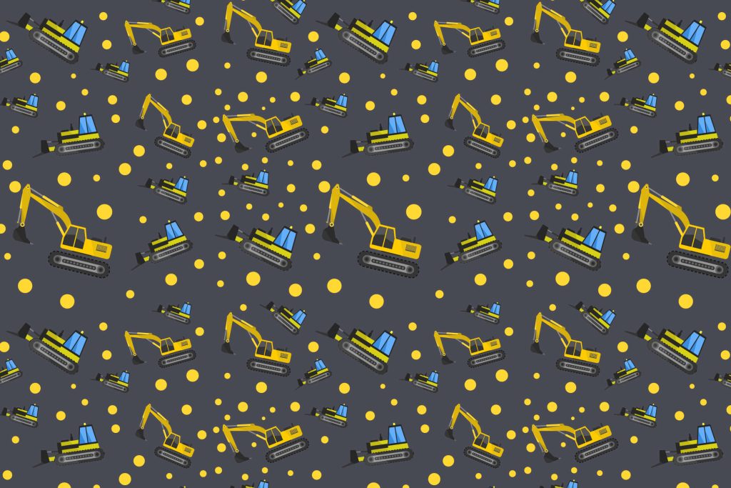 Seamless playful yellow excavator wallpaper with blue cabs on dark grey polka dot background for kids