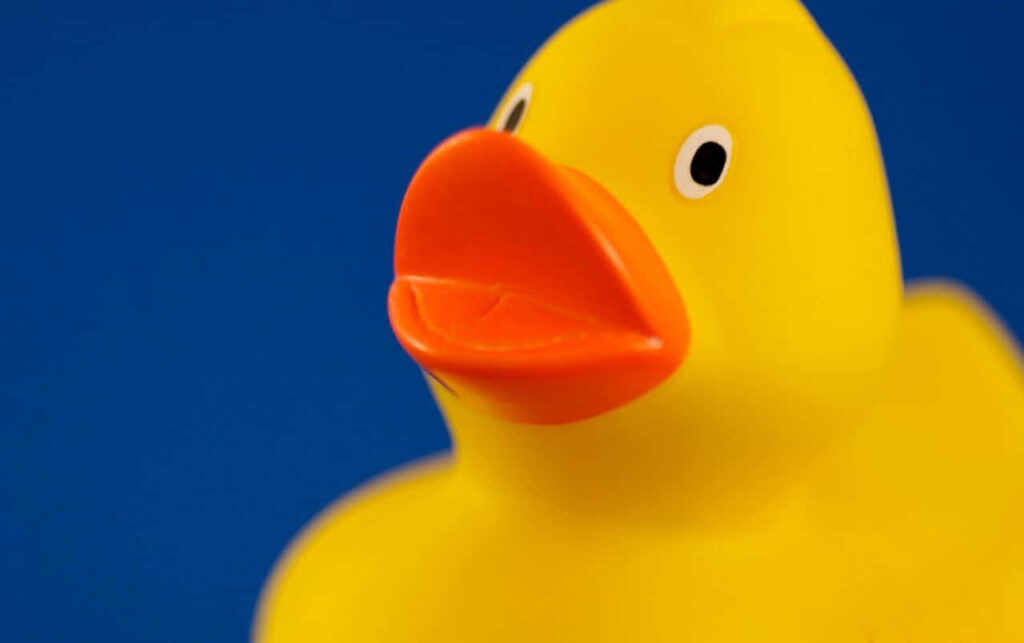 Playful Yellow Rubber Duck Close-Up on Blue Background Wallpaper