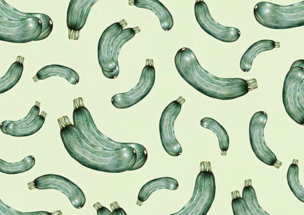 Playful illustrated zucchinis on light green background fresh vegetable kitchen wallpaper design