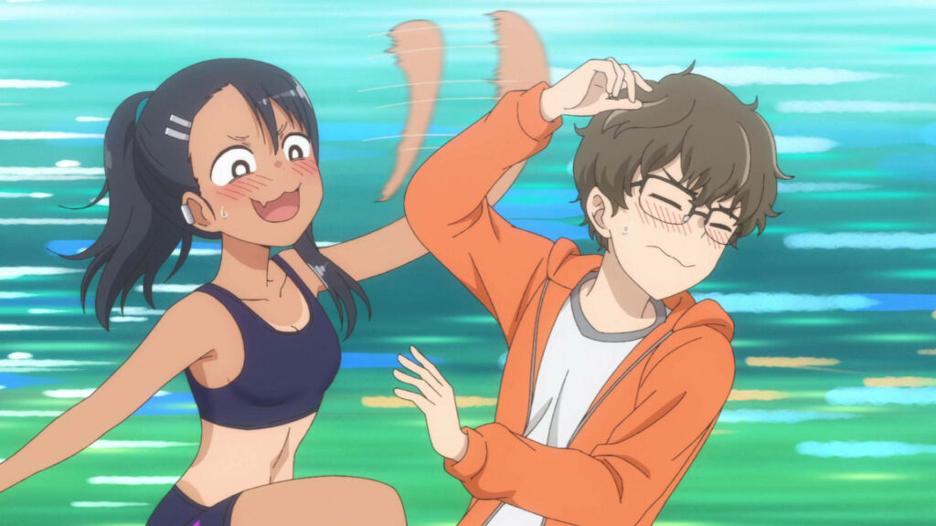 Nagatoro's Playful Slap: A Captivating Snapshot Against an Abstract Canvas Wallpaper