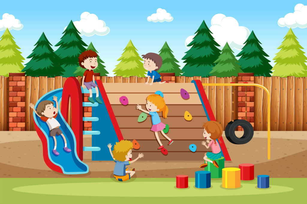 Playful Kids Enjoying Climbers and Slides in a Vibrant Cartoon Playground Scene Wallpaper