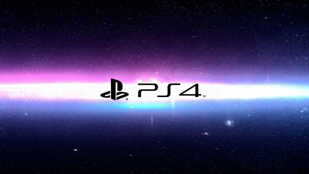 PlayStation 4 logo wallpaper with black branding on vibrant cosmic space background blue magenta stars