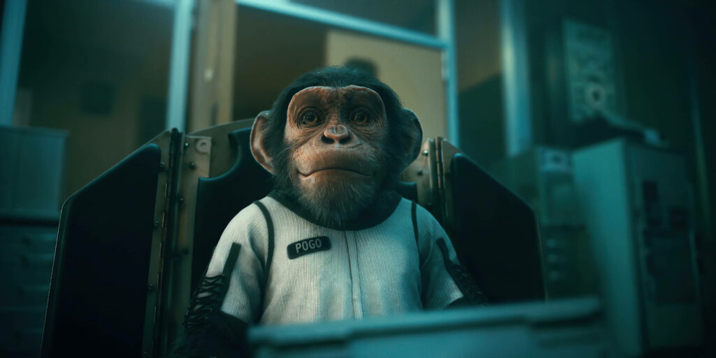 Realistic Pogo from The Umbrella Academy in high tech lab with blue green futuristic lighting wallpaper