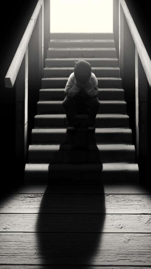 Poignant Boy on Dim Staircase: Solitude in Light and Shadow Wallpaper