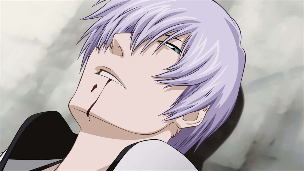Close-up anime wallpaper of Gin Ichimaru Bleach with purple hair narrow eyes blood on lips dramatic scene