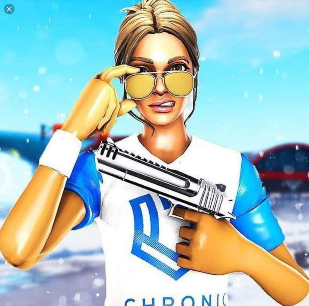 Fortnite Poised Playmaker skin in 3D digital art wearing Chronic esports jersey with pistol Wallpaper