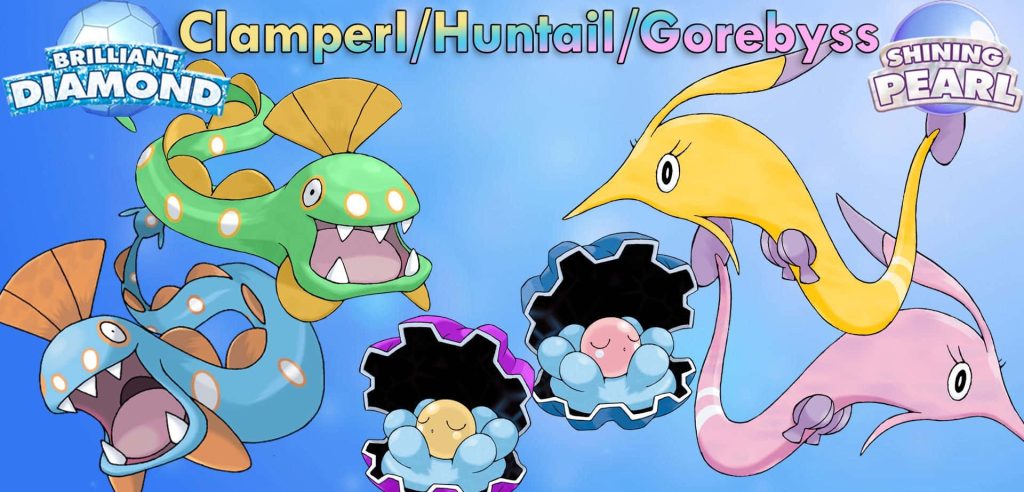 Vibrant Pokémon wallpaper with Clamperl Huntail Gorebyss on a clean aquatic background