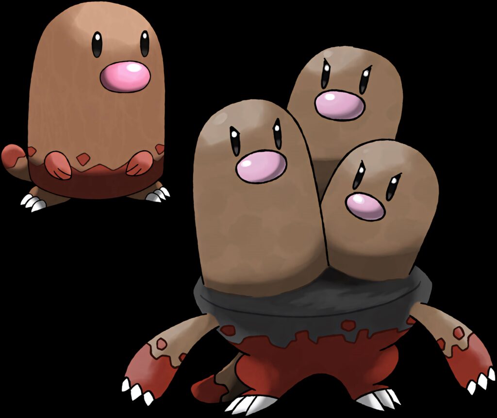 Vibrant Pokémon Diglett and Dugtrio wallpaper with brown bodies and pink noses on clean background