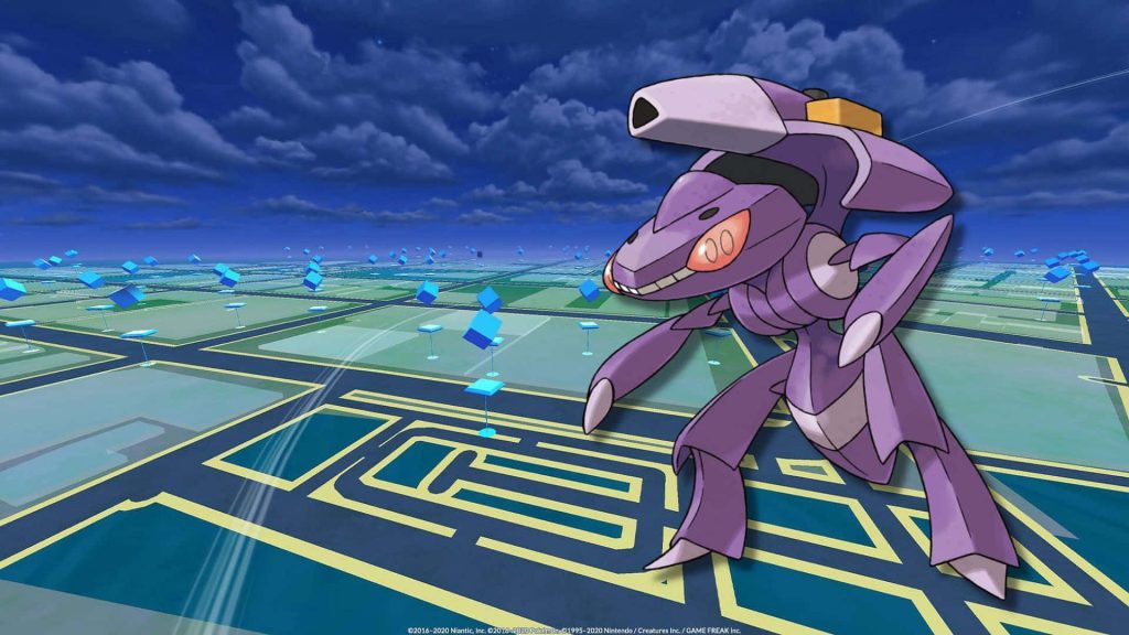 Genesect Pokémon GO wallpaper showing sleek purple Bug Steel-type over digital map at twilight