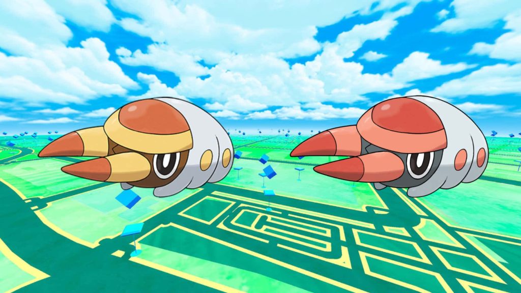 Sewaddle and Shiny Sewaddle fly over vibrant green digital map with blue data cubes in Pokémon GO wallpaper