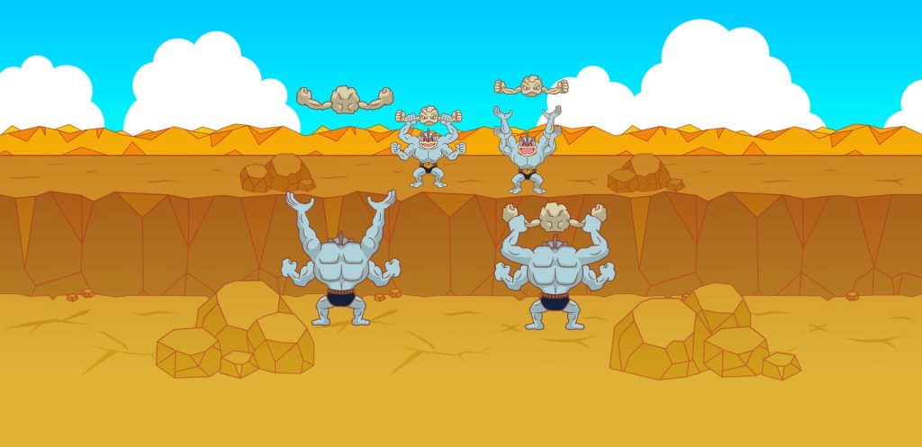 Pokémon Geodude Machoke Machamp posing in sunny desert landscape bright blue sky wallpaper