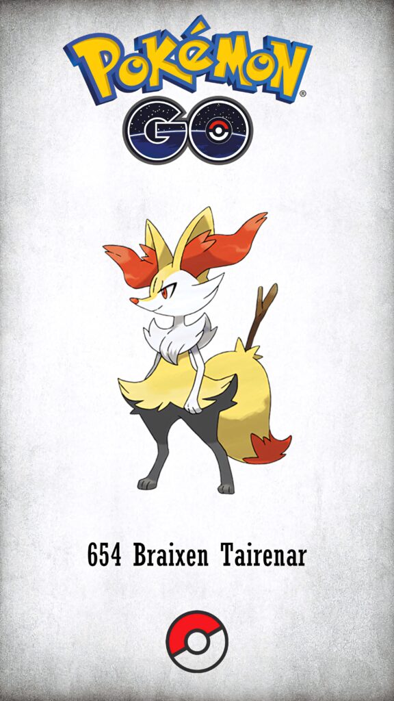Pokemon Go Braixen wallpaper showing vibrant Fire-type Pokemon Braixen in dynamic pose on white background