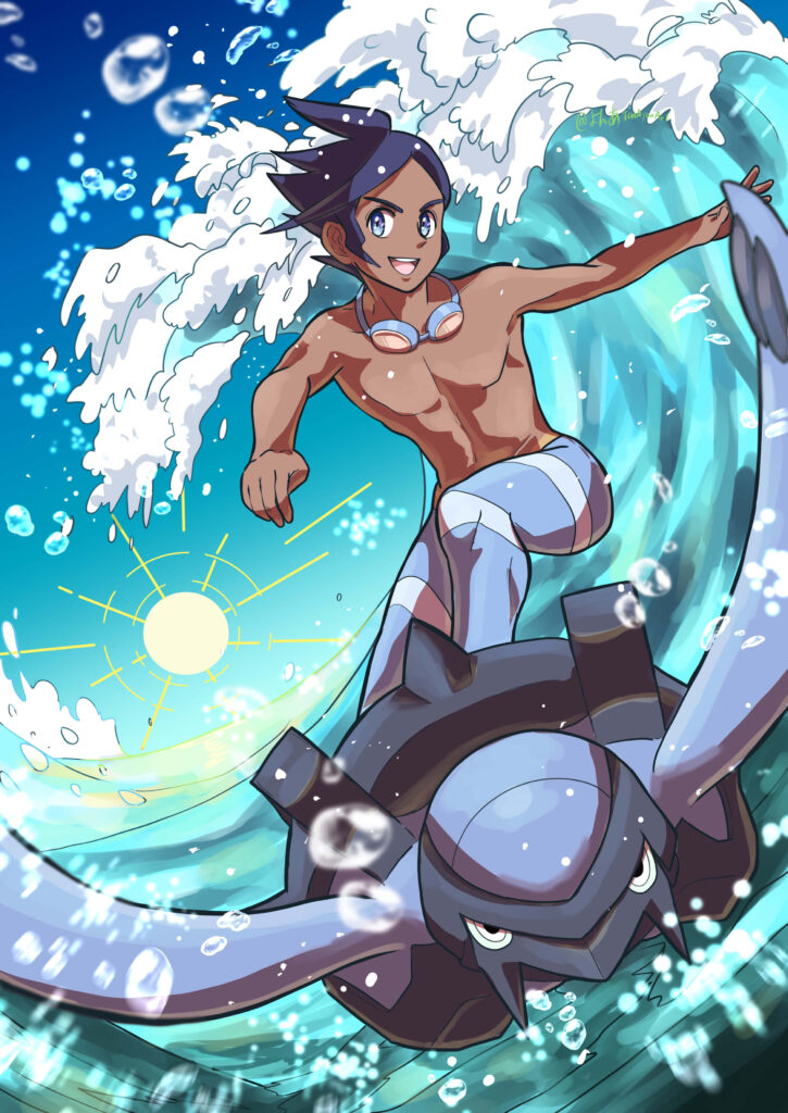 Pokemon Gym Leader Marlon rides Carracosta through dynamic crashing ocean waves bright sunny sky Wallpaper