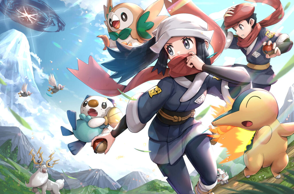 Pokémon Legends Arceus characters explore green fields with Braviary flying and Rowlet Oshawott Cyndaquil Wallpaper