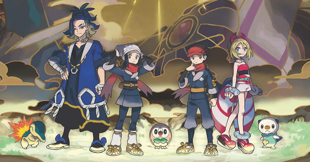 Pokemon Legends Arceus characters with partner Pokemon and legendary Pokemon in epic sky background Wallpaper