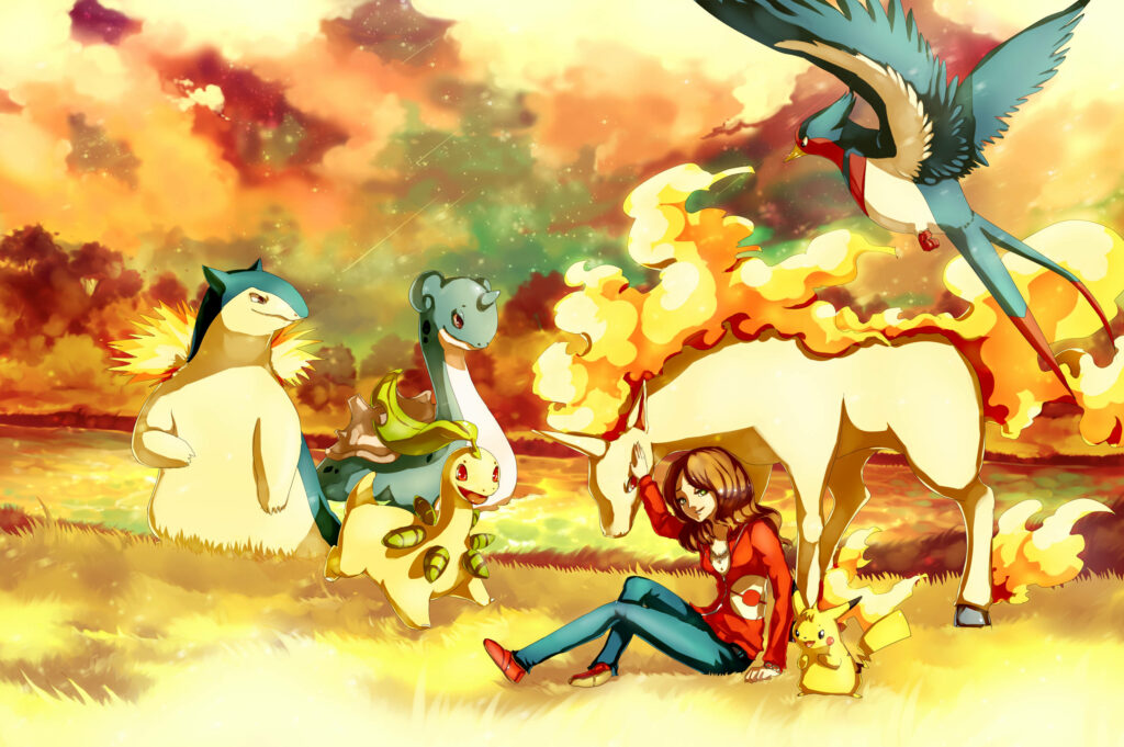 The Ultimate Pokemon Dream: A Heartwarming Digiposter Showcasing a Loving Pokemon Trainer, Embraced by a Horde of Adorable Cyndaquil, Bayleef, Swellow, Pikachu, Rapidash, Lapras, and Typhlosion! Wallpaper