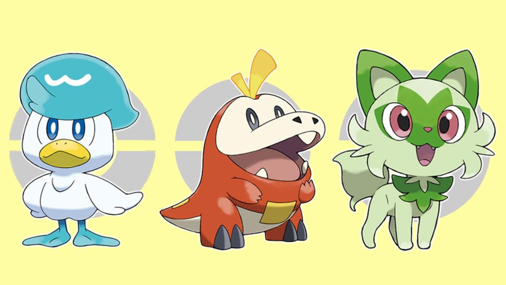 Pokémon Scarlet Violet starters Quaxly Fuecoco Sprigatito anime style Paldea trio wallpaper