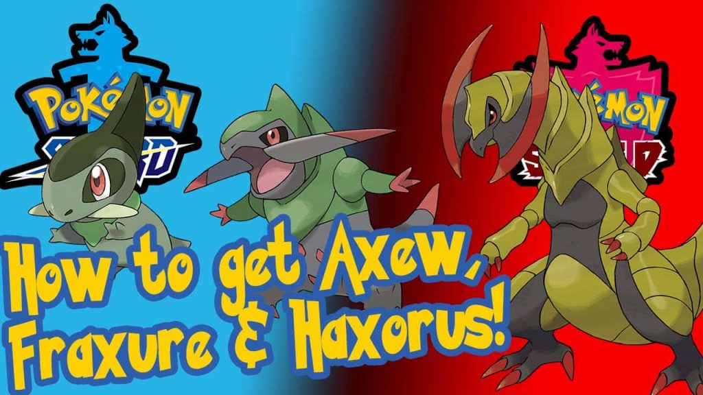 Pokémon Sword and Shield Axew Fraxure Haxorus digital art wallpaper blue red background Dragon-type