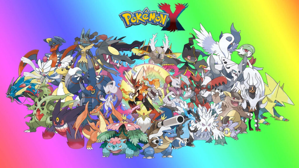 Pokemon X wallpaper with Emboar and Mega Evolved Pokemon on vibrant rainbow background
