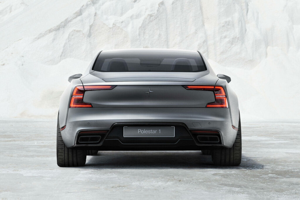 Polestar 1 rear view with LED tail lights and Scandinavian design on white minimalist background Wallpaper