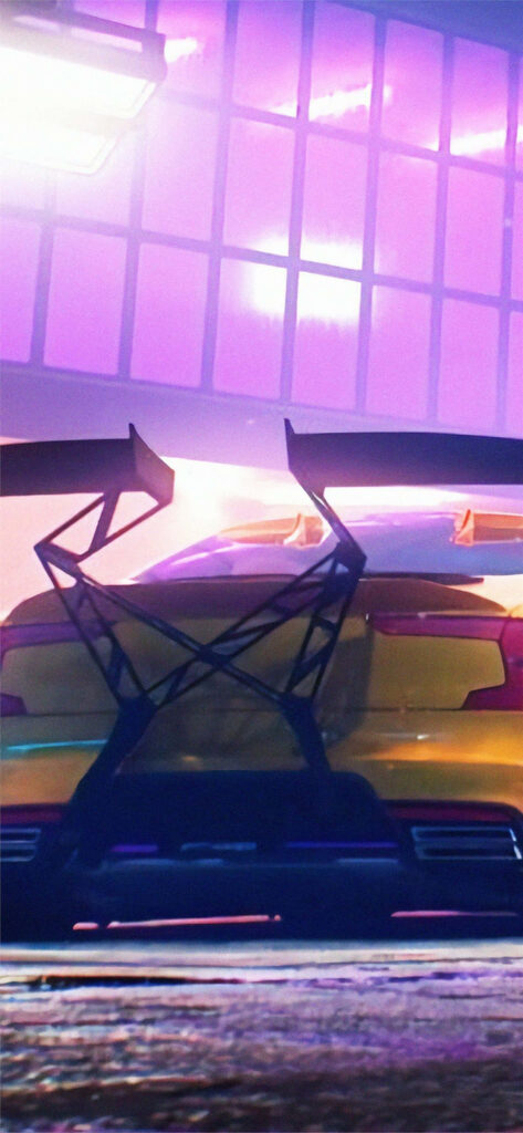 Polestar Hero car from Need For Speed Heat under neon lights with bold wing urban wallpaper