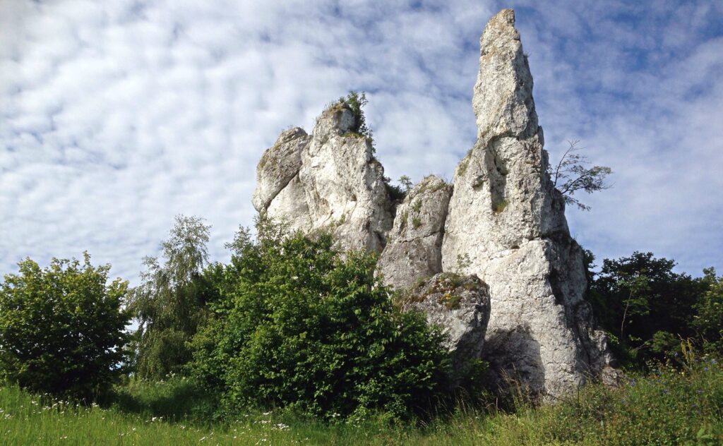 Dramatic limestone rock formations in Polish Jurassic Highland with lush greenery and cloudy sky Wallpaper